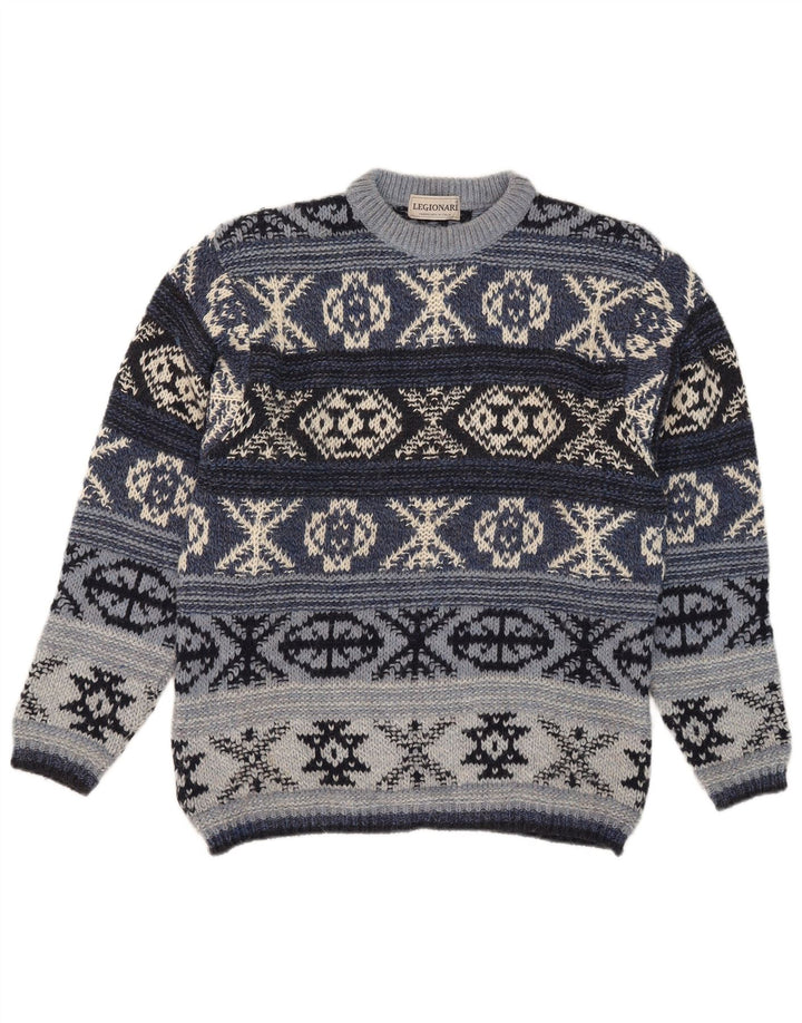 Suéter masculino vintage com gola redonda IT 48 lã Fair Isle azul médio