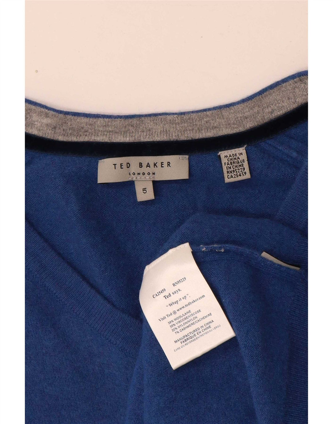 Suéter feminino Ted Baker com decote em V tamanho 5 XL lã azul