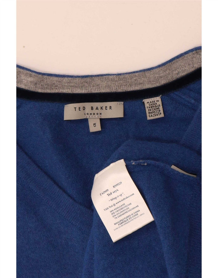 Suéter feminino Ted Baker com decote em V tamanho 5 XL lã azul