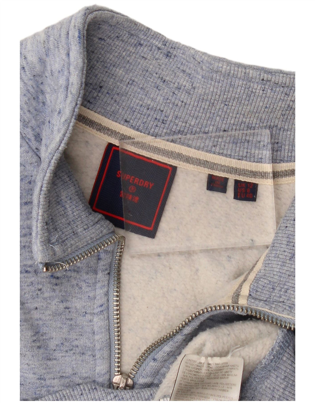 Suéter feminino SUPERDRY com gola e zíper UK 12 médio azul manchado