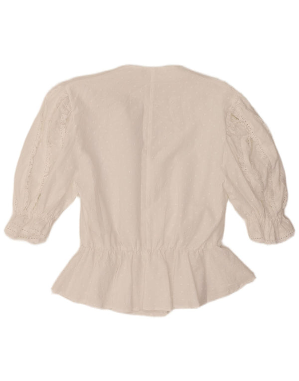 Blusa feminina VINTAGE manga curta Reino Unido 14 médio branco manchado