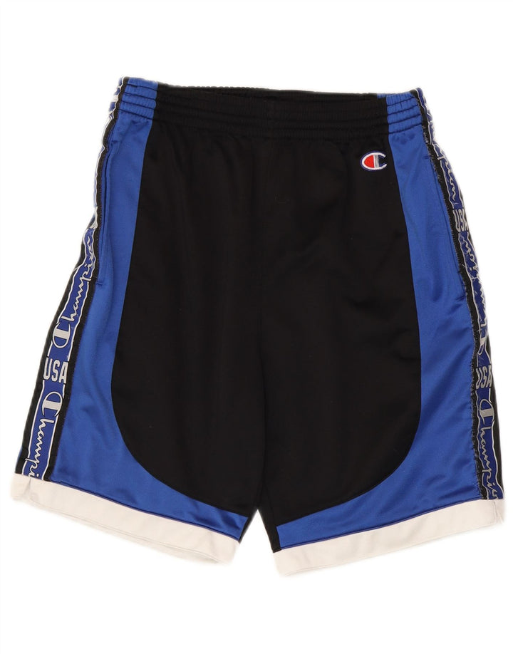 Shorts esportivos masculinos Champion Graphic preto pequeno em poliéster colorido