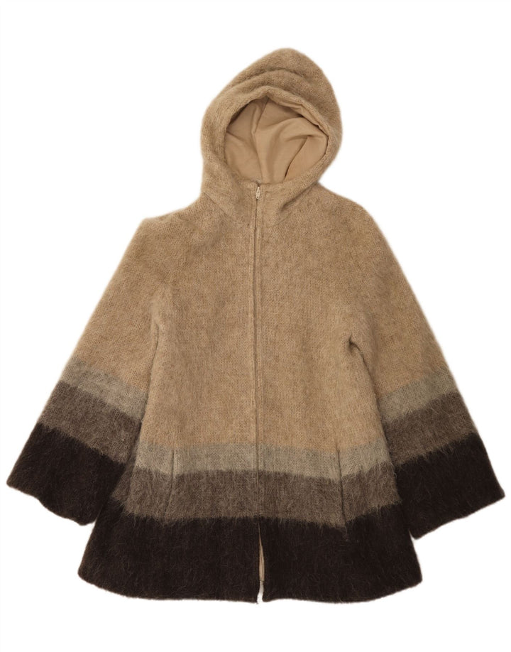 Sobretudo feminino Alafoss Icewool com capuz Reino Unido 14 bloco colorido bege médio