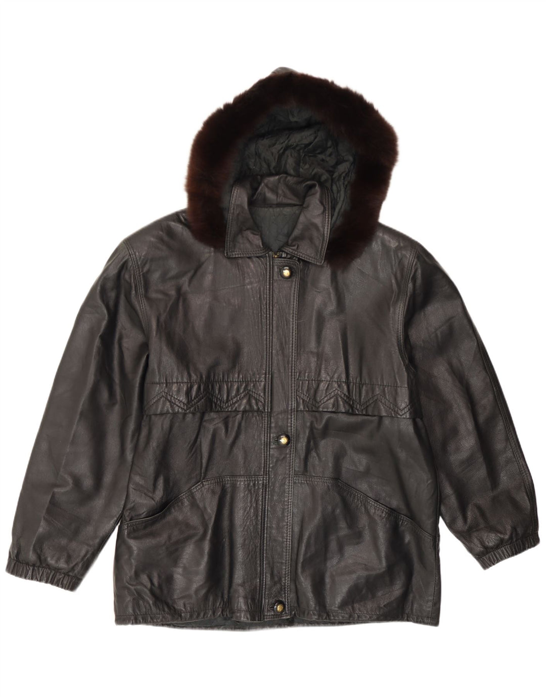 Jaqueta de couro com capuz feminino vintage IT 46 grande couro preto