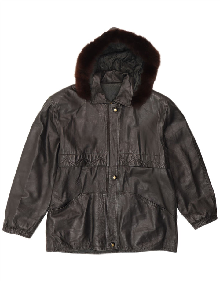 Jaqueta de couro com capuz feminino vintage IT 46 grande couro preto