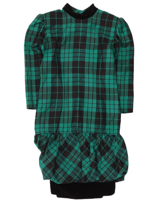 Vestido feminino vintage de manga comprida Peplum UK 12 lã xadrez verde médio