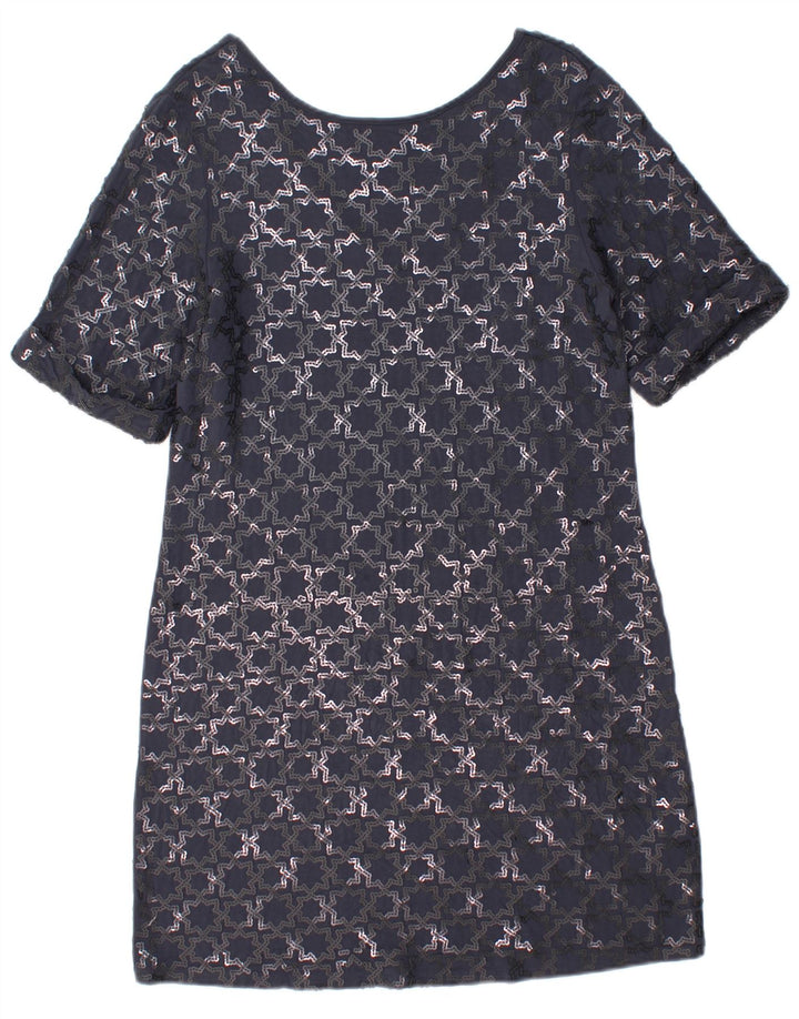 Vestido feminino Monsoon manga curta, tamanho UK 12, médio, azul marinho, geométrico
