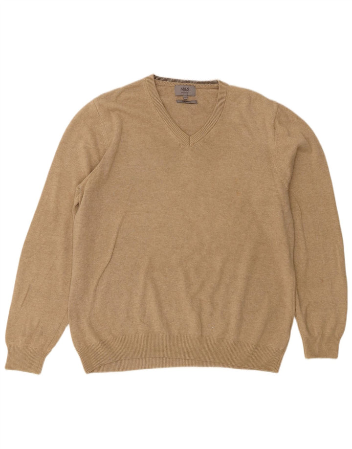 Suéter masculino Marks & Spencer com decote em V, grande algodão bege