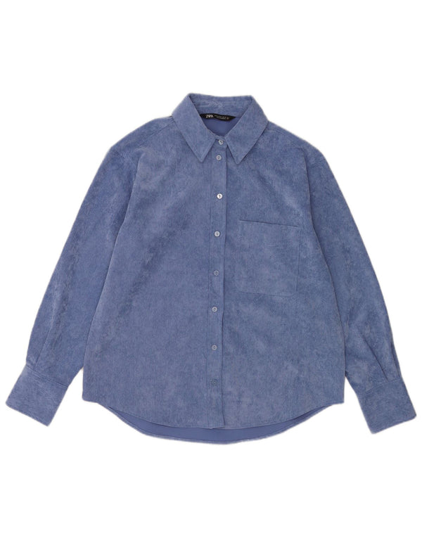 Zara Camisa feminina de veludo cotelê UK 14 poliéster azul médio