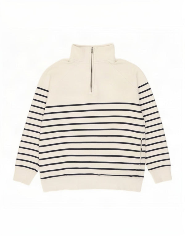Suéter feminino Crew Clothing com zíper e gola em jumper Reino Unido 10 pequeno listrado branco
