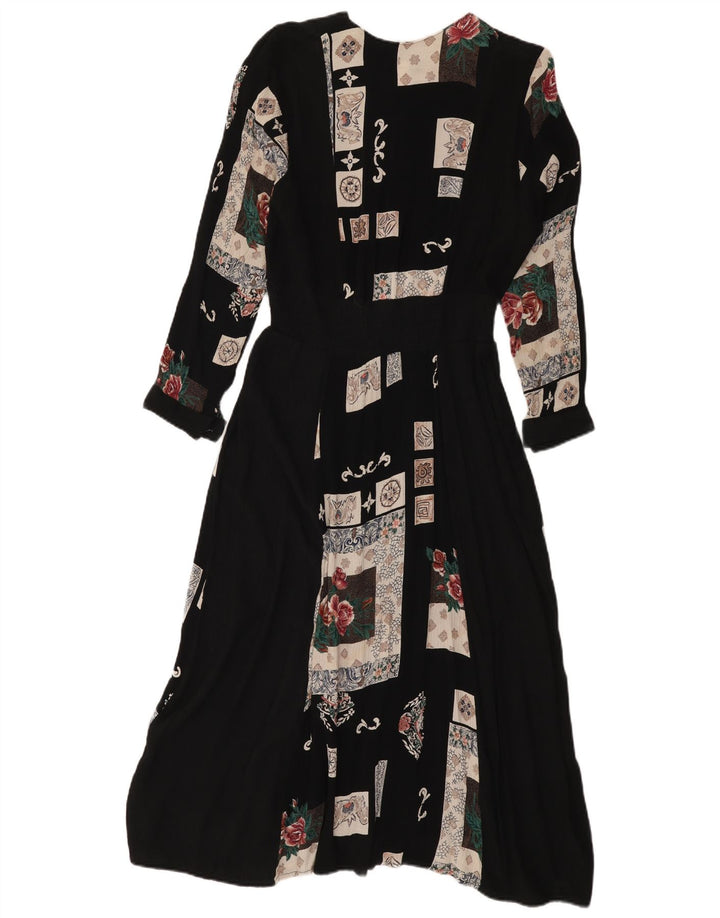 Vestido vintage feminino manga comprida linha A UK 18 XL preto patchwork