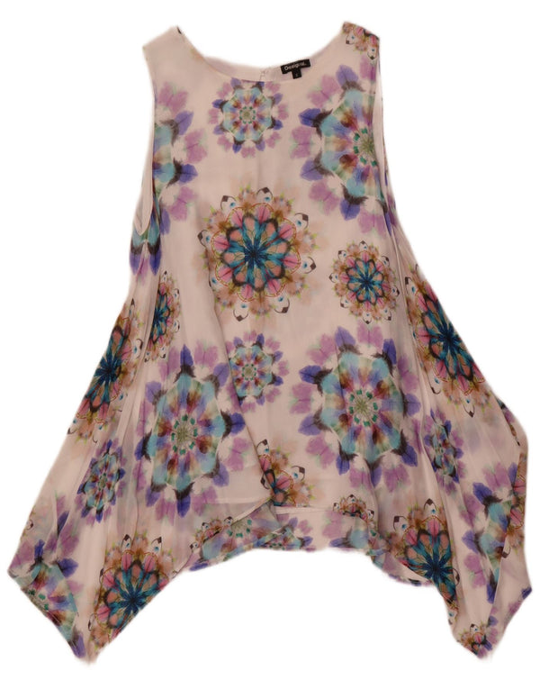 Top túnica assimétrica feminina Desigual sem mangas Reino Unido 10 pequeno floral branco