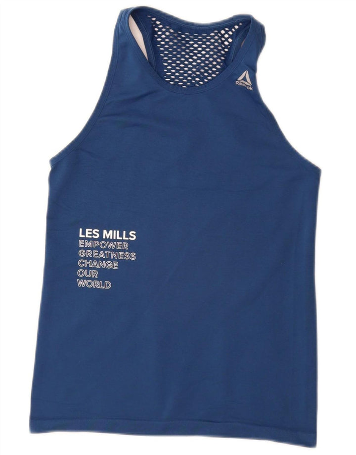REEBOK feminino Les Mills Graphic Vest Top Reino Unido 8 pequeno azul marinho