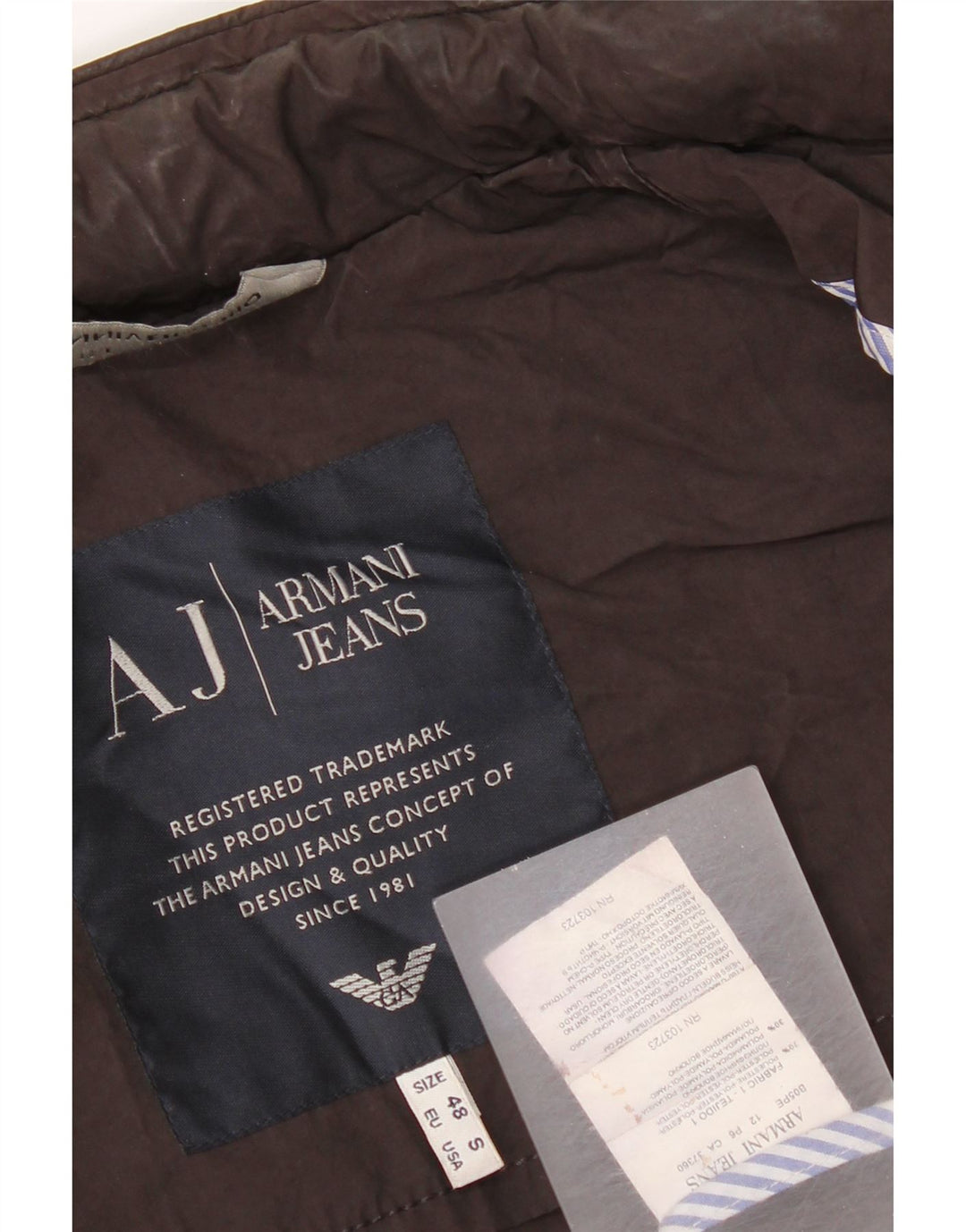 Jaqueta bomber masculina Armani Jeans com capuz EU 48 poliéster marrom pequeno