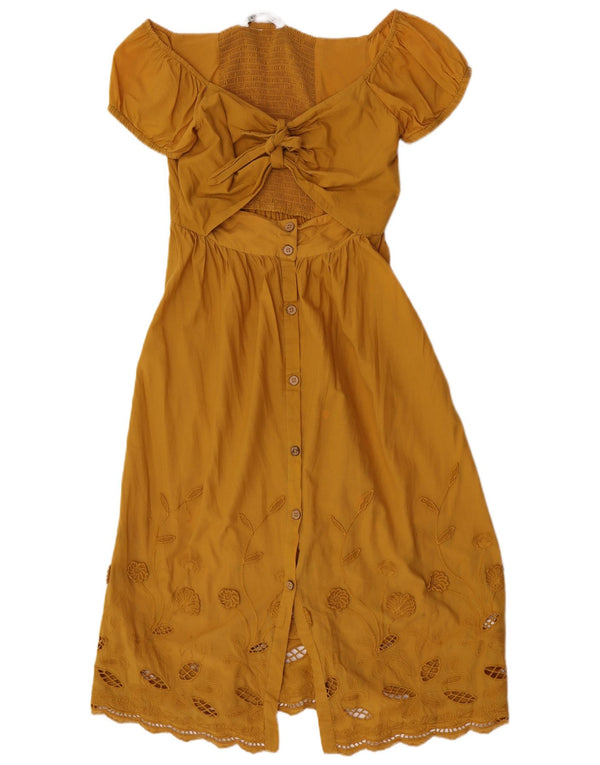 Vestido feminino Zara com ombros de fora UK 8 pequeno algodão floral amarelo