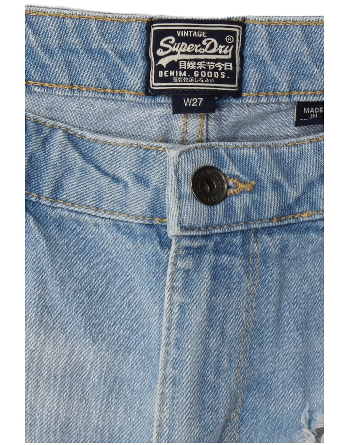 Shorts jeans feminino com estampa envelhecida SUPERDRY W27 pequeno algodão azul
