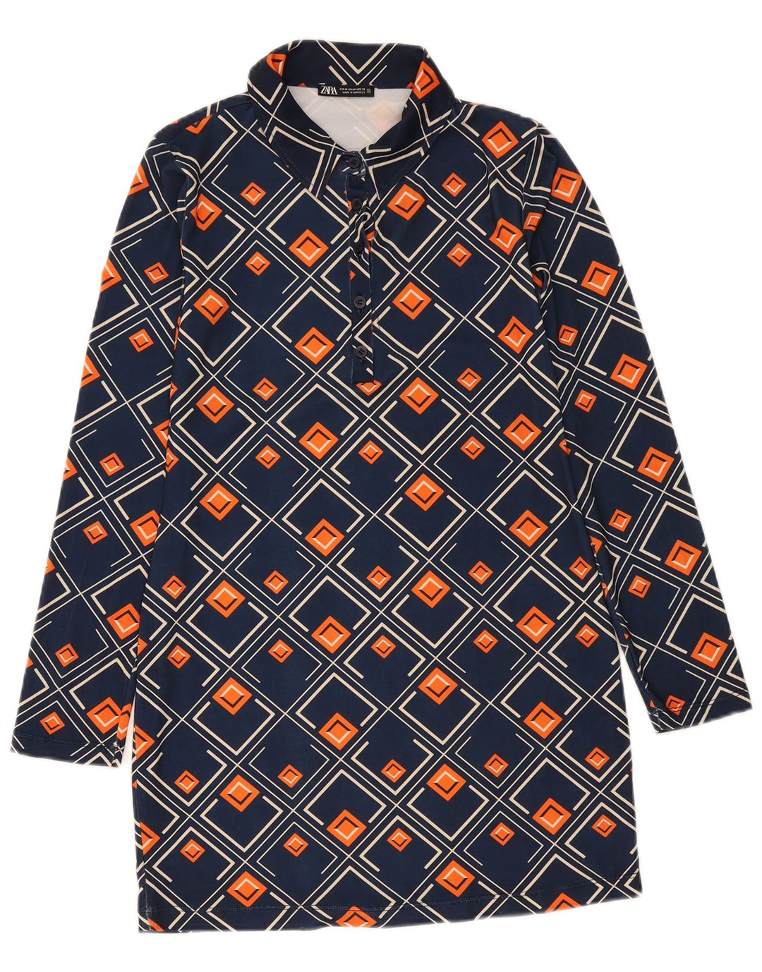 Pulôver feminino Zara vestido camisa Reino Unido 12 médio azul marinho geométrico