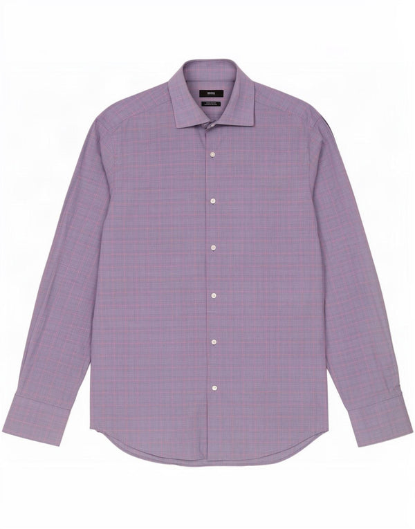Camisa masculina de ajuste regular Hugo Boss tamanho 40 15 3/4 algodão xadrez azul médio