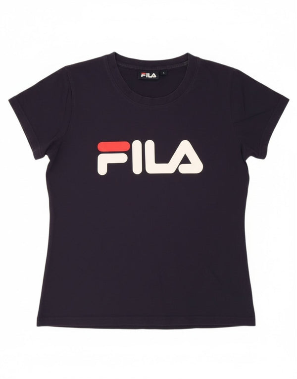 Fila Womens Graphic T-Shirt Top UK 10 Pequeno Algodão Azul Marinho