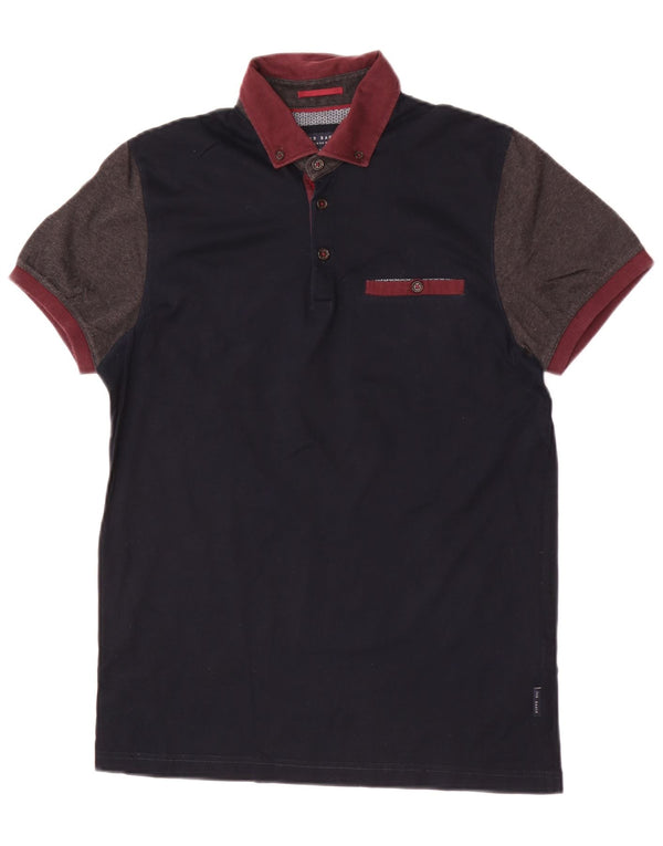 Camisa polo masculina Ted Baker tamanho 2 pequeno algodão colorblock azul marinho