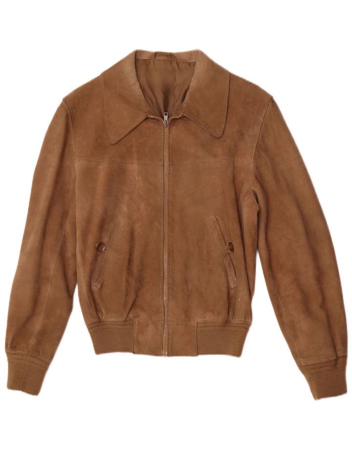 Jaqueta bomber masculina vintage de camurça Reino Unido 36 pequena couro marrom retrô