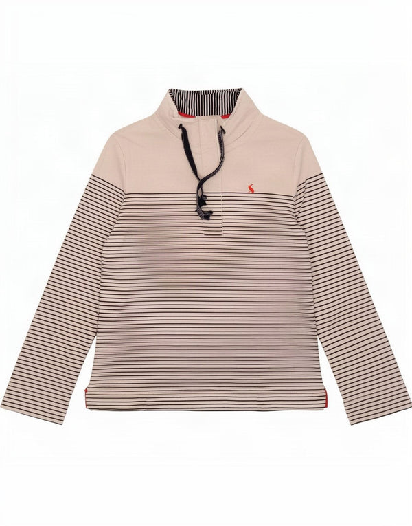 Suéter feminino Joules com gola redonda e botão UK 8 pequeno algodão listrado branco