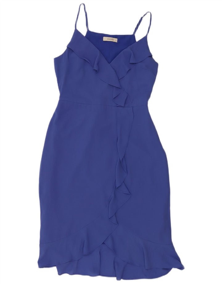 Vestido feminino Oasis sem mangas com babados na frente e bainha azul médio