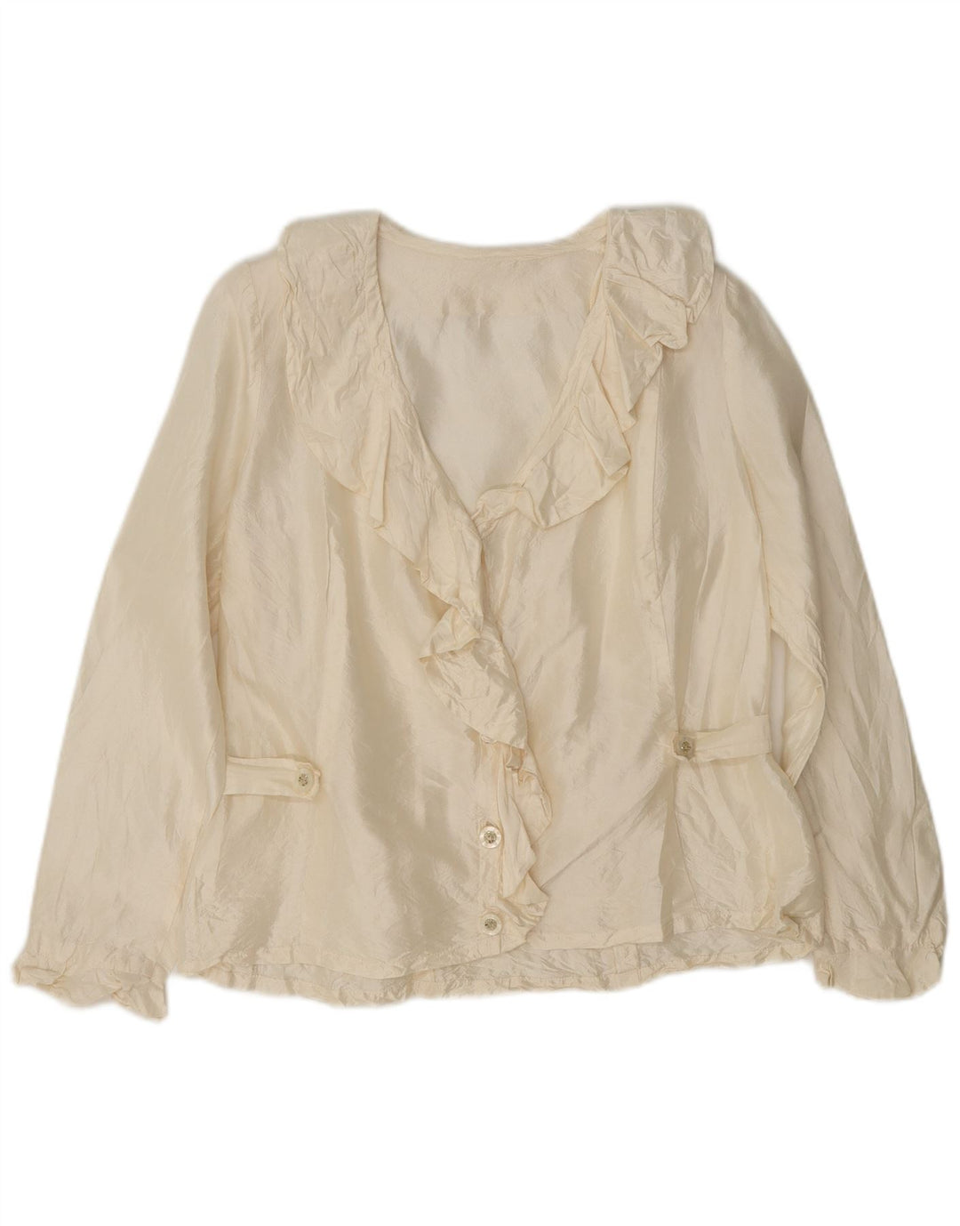Blusa feminina vintage com babados na frente Reino Unido 10 pequena off white