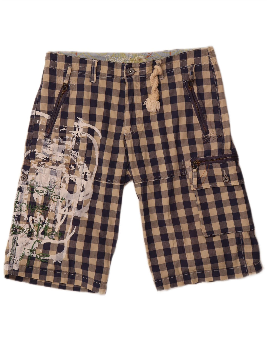 Desigual Shorts Cargo Feminino Gráfico EU 42 Grande W34 Azul Marinho Gingham