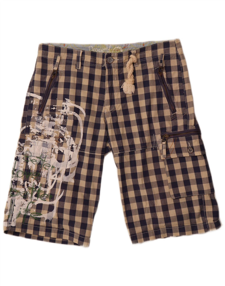 Desigual Shorts Cargo Feminino Gráfico EU 42 Grande W34 Azul Marinho Gingham