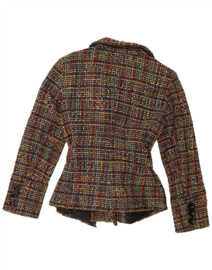 Jaqueta blazer feminina Zara Front Tie UK 14 grande acrílico xadrez multicolorido