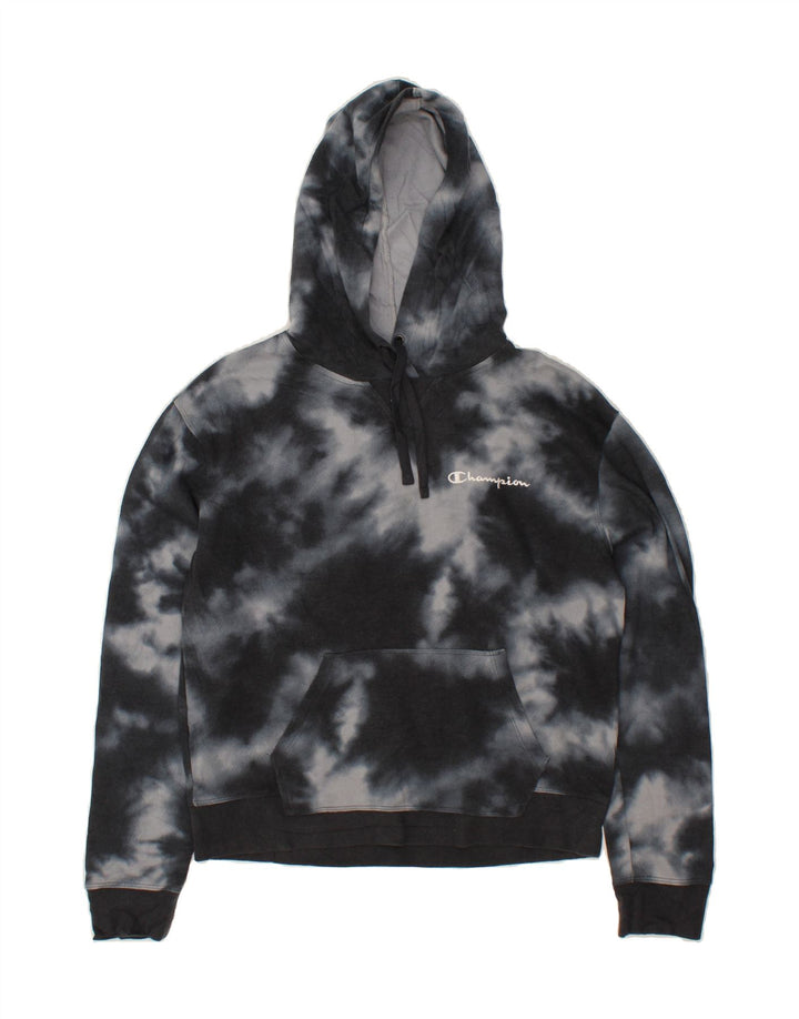 CHAMPION Womens Hoodie Jumper UK 14 Medium Black Tie Dye Cotton Vintage Champion and Second-Hand Champion from Messina Hembry 