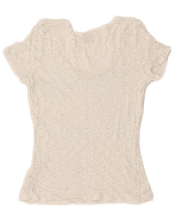 Camiseta feminina transparente Benetton UK 10 pequena algodão branco