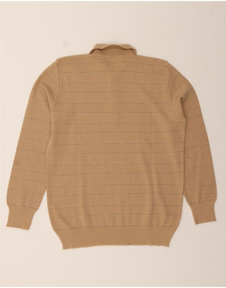 VINTAGE Mens Polo Neck Jumper Sweater Medium Beige Striped Vintage Vintage and Second-Hand Vintage from Messina Hembry 