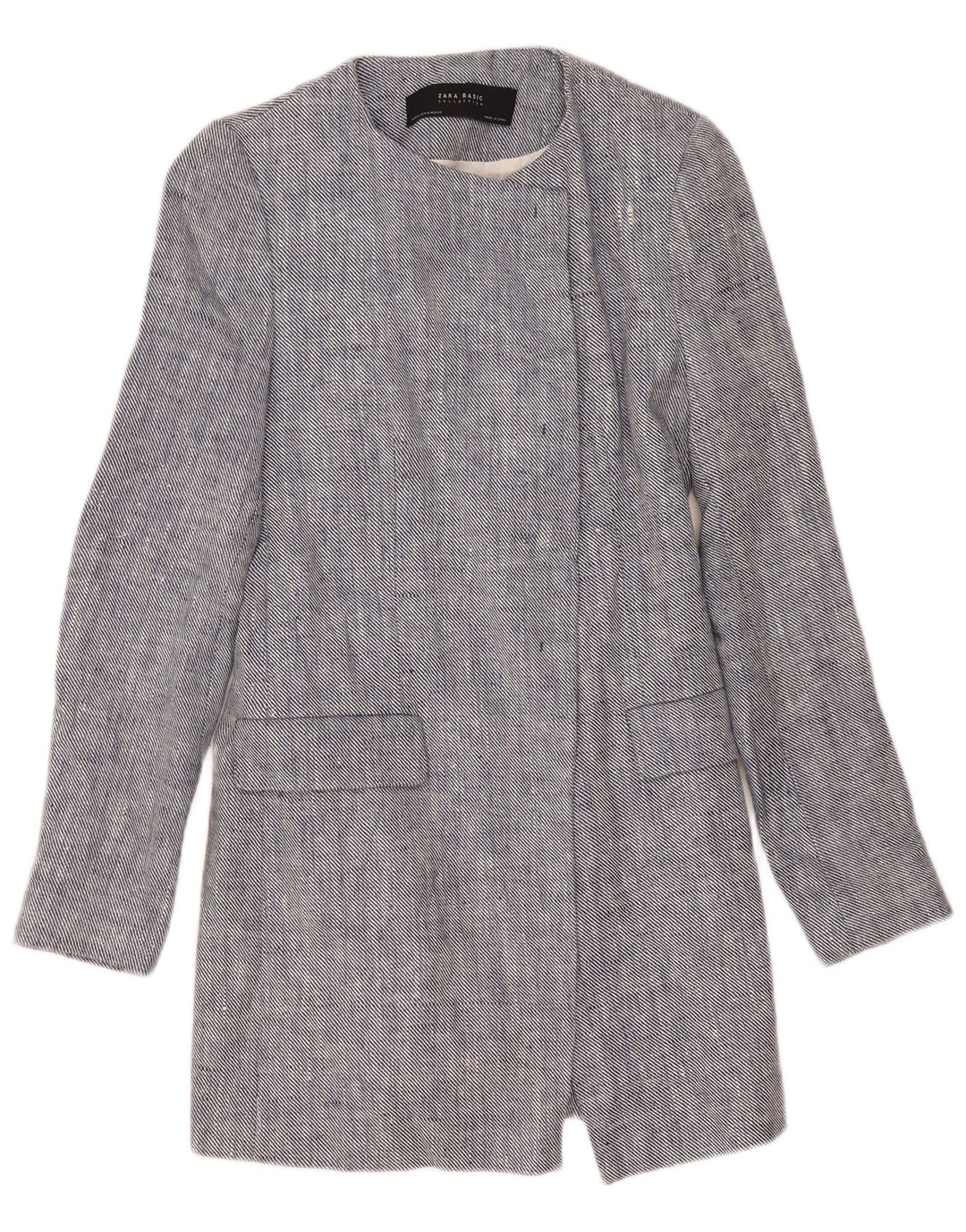 Zara Womens Longline Open Blazer Jacket UK 12 Medium Blue Linen