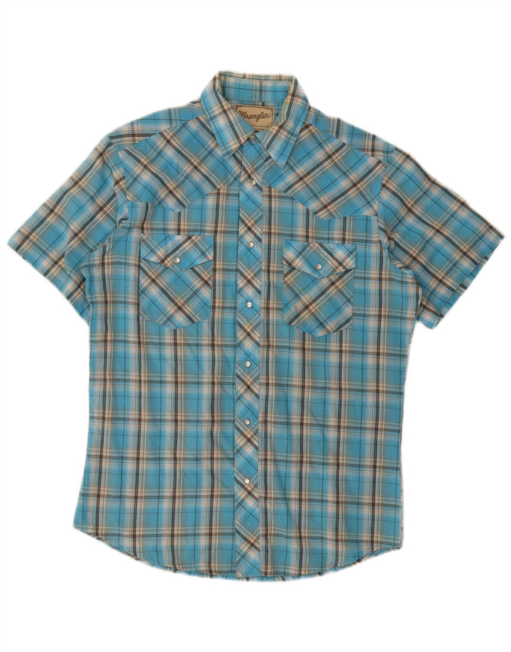 Camisa masculina Wrangler Western de manga curta xadrez azul médio