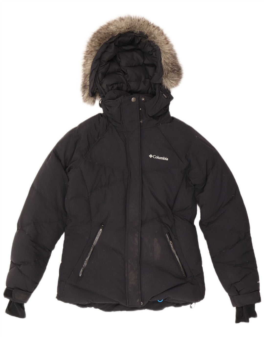 COLUMBIA Jaqueta feminina acolchoada com capuz Omni-Heat Reino Unido 10 pequena azul marinho nylon