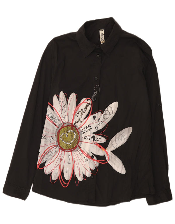 Camisa gráfica feminina Desigual UK 18 XL preto floral algodão