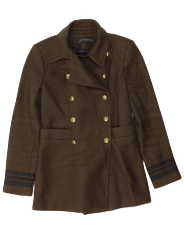 Jaqueta blazer feminina Zara com peito duplo UK 10 pequena listrada cáqui