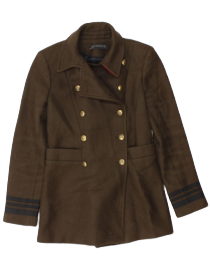 Jaqueta blazer feminina Zara com peito duplo UK 10 pequena listrada cáqui