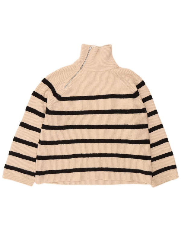 Zara Suéter feminino com gola e zíper UK 14 Acrílico listrado bege médio