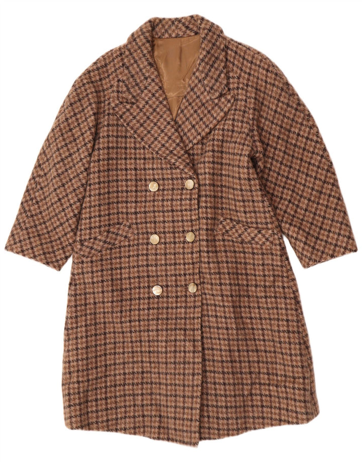 Casaco feminino vintage com peito duplo Reino Unido 12 houndstooth marrom médio