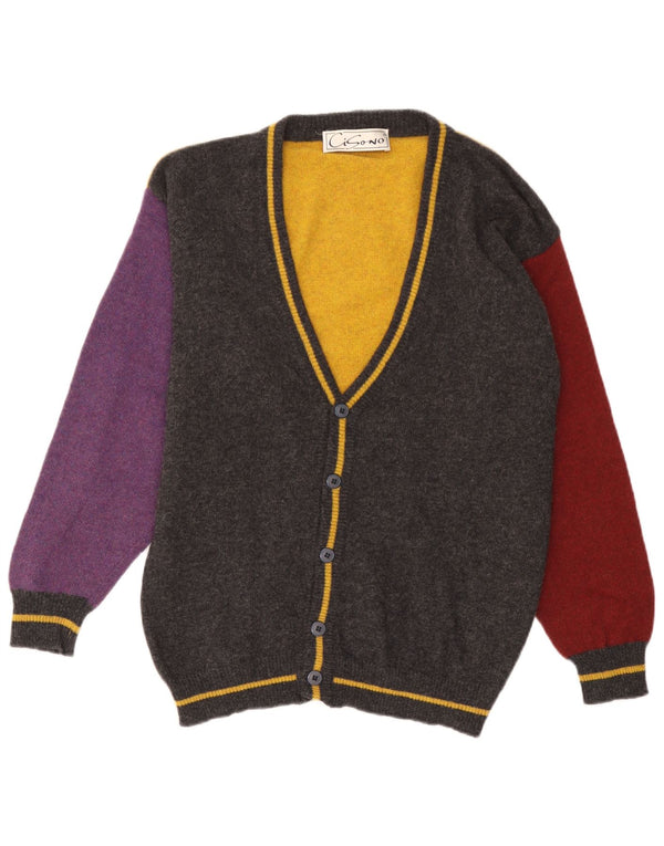 Suéter cardigã masculino vintage grande lã colorblock cinza