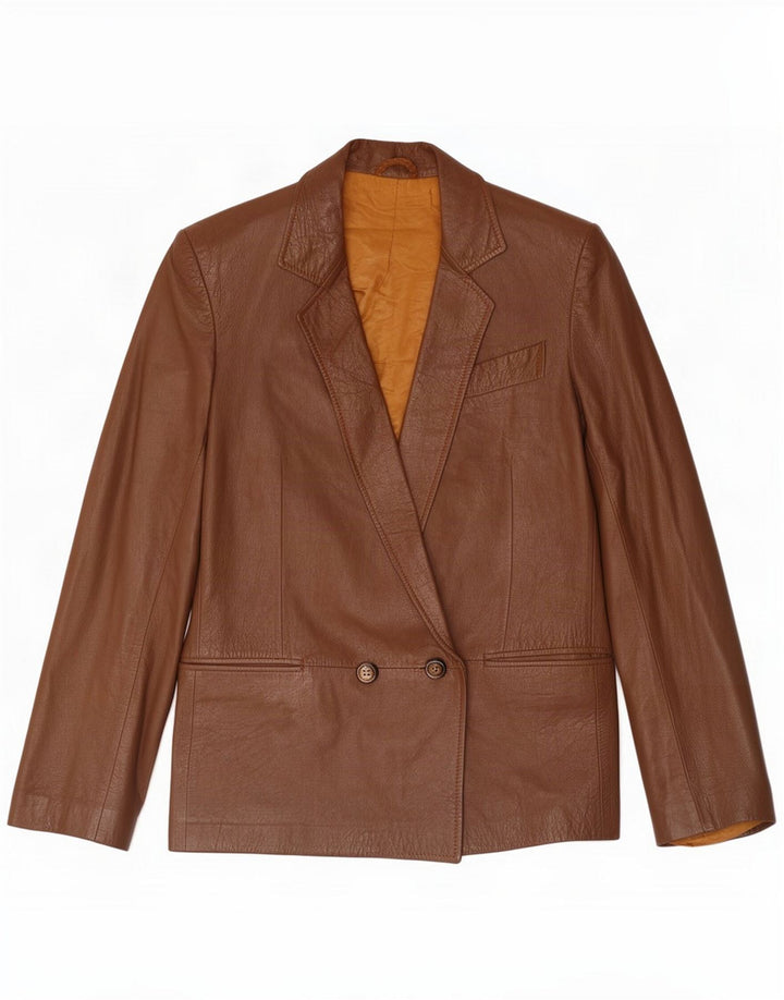 Jaqueta blazer feminina vintage de couro com peito duplo Reino Unido 14 marrom médio