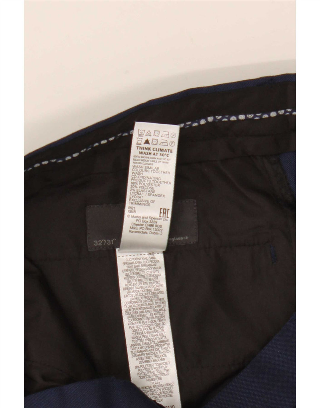 Calça masculina de terno reto Marks & Spencer W32 L31 azul marinho poliéster