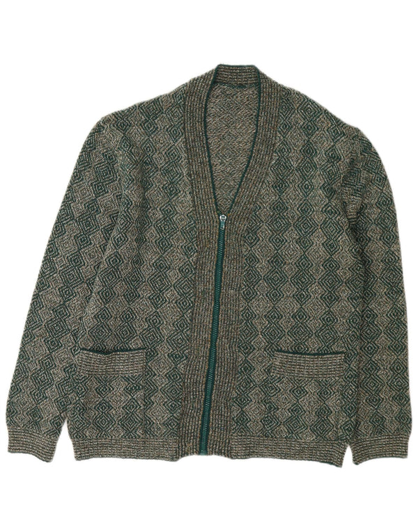 Suéter feminino vintage com zíper completo Reino Unido 16 grande verde geométrico