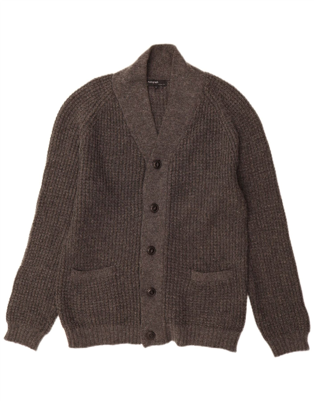Suéter cardigã masculino Marks & Spencer Autograph Slim Fit lã cinza médio