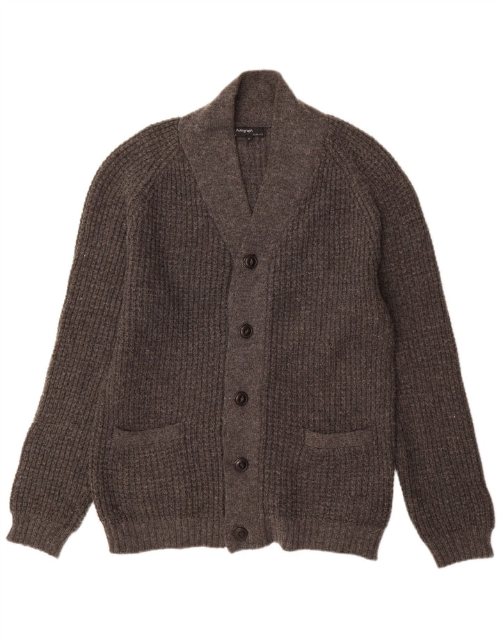 Suéter cardigã masculino Marks & Spencer Autograph Slim Fit lã cinza médio