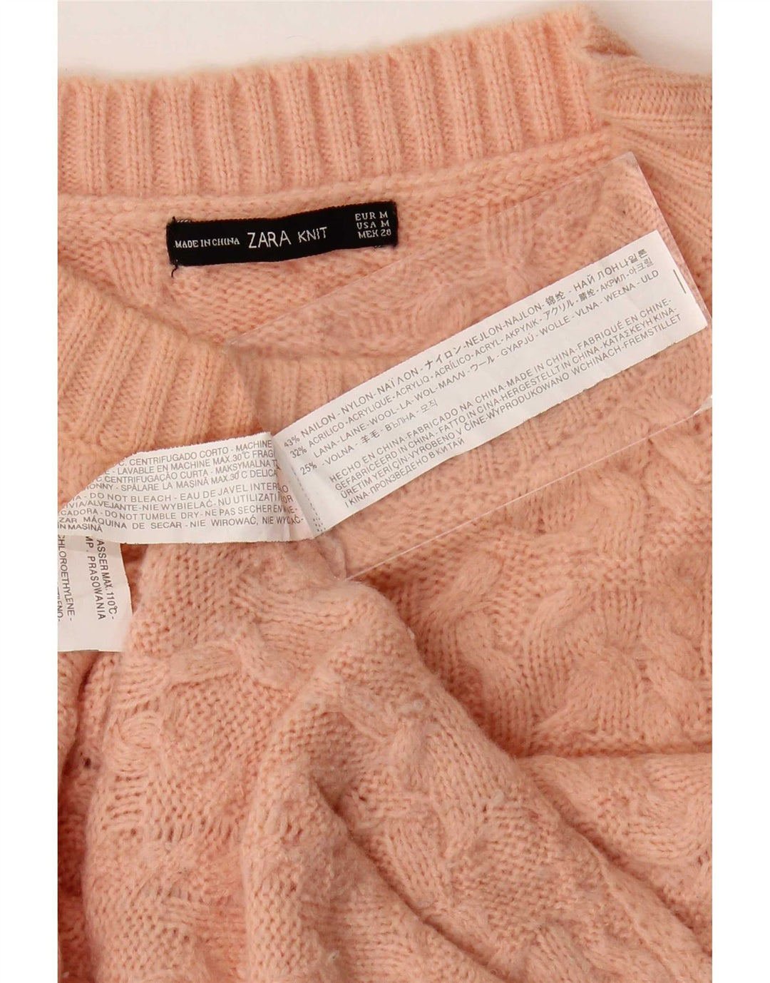 Suéter feminino Zara com gola redonda, Reino Unido 14, médio, rosa, nylon