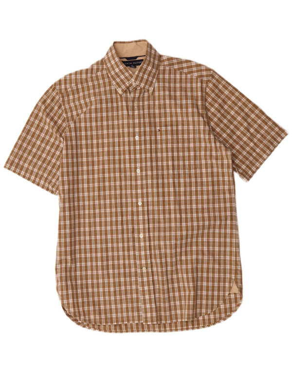 Tommy Hilfiger Camisa masculina de manga curta pequena marrom xadrez algodão